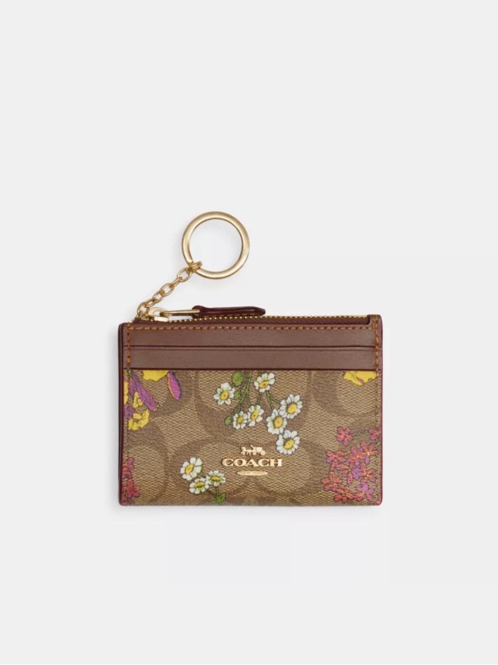 NWT Coach Mini Skinny ID Signature Canvas w/ Floral Print, Khaki Multi/Gold